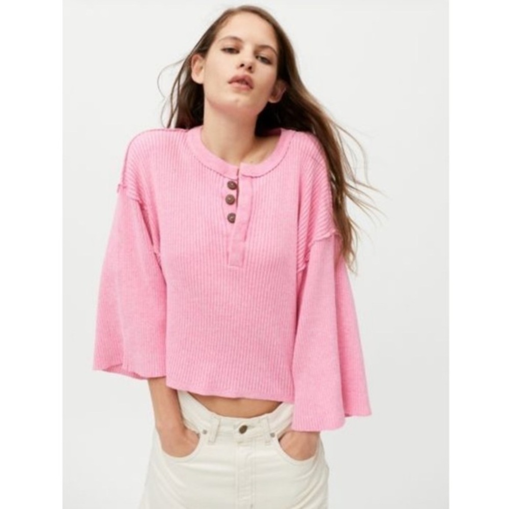 Urban Outfitters Tenny Ribbed Henley Sweater in Pink Button Front Casual Small